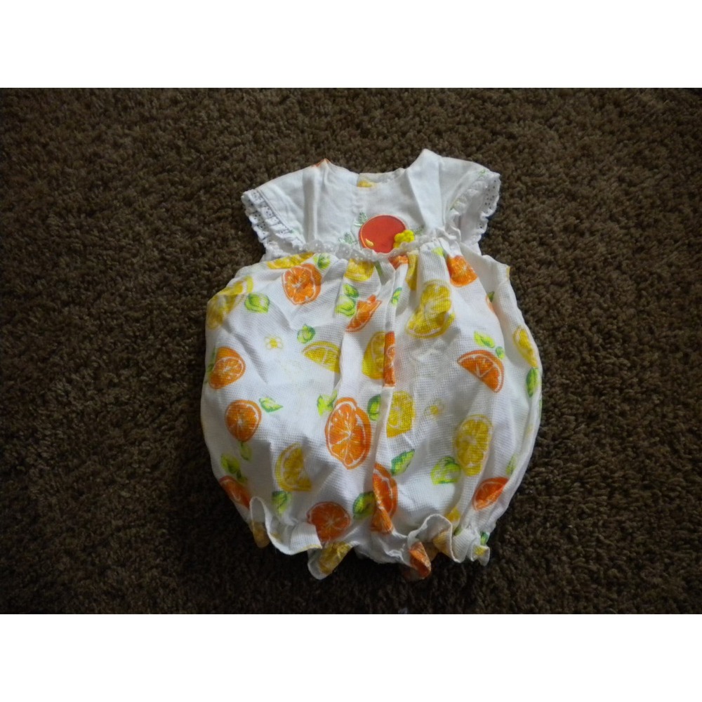 Vtg Sleeveless White Romper w/ Orange Slices & Blossoms Size 6-9 Months (vc2)
